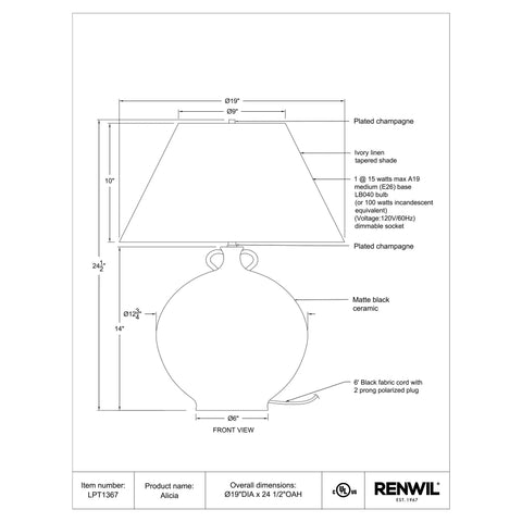 Alicia - Table Lamp Renwil