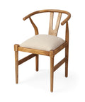 Wooden chair with a beige cushion on a white background