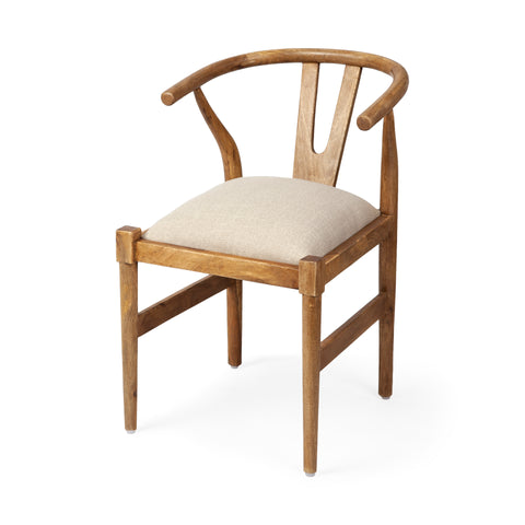 Wooden chair with a beige cushion on a white background