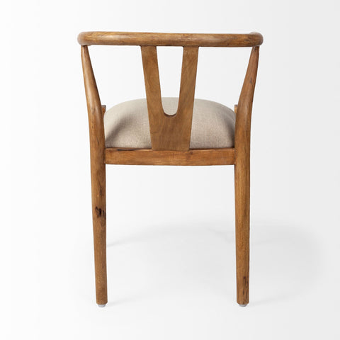 Wooden chair with a beige cushion on a white background