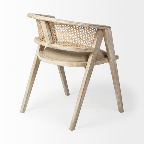 Wooden chair with woven backrest on a white background