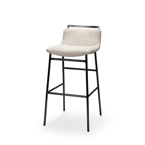 White bar stool with black metal legs on a white background