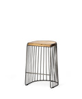 Stool with wireframe design and wooden seat on a white background
