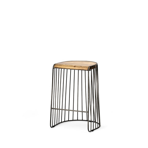 Stool with wireframe design and wooden seat on a white background