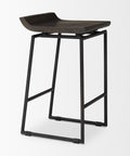 Bar stool with dark wooden seat and black metal frame on a white background