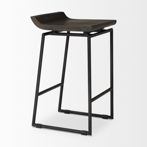 Bar stool with dark wooden seat and black metal frame on a white background