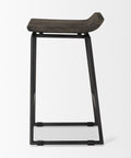 Wooden bar stool with black metal frame on a white background