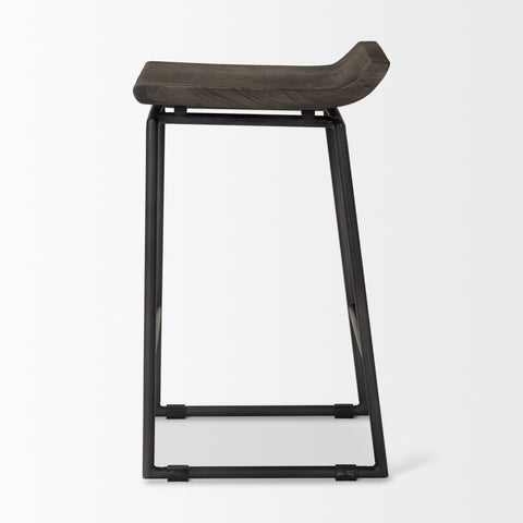 Wooden bar stool with black metal frame on a white background