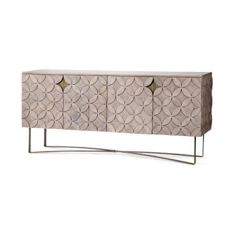 Decorative console table with geometric pattern on a white background