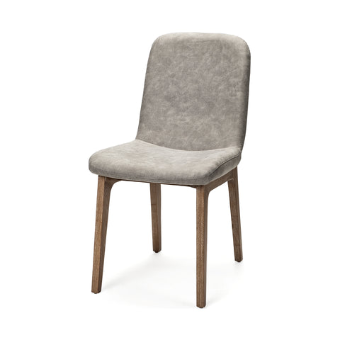 Gray upholstered chair with wooden legs on a white background