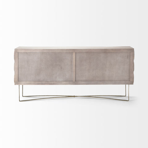 Modern sideboard with textured surface and metal legs on a white background