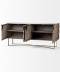 Wooden sideboard with open doors on a white background