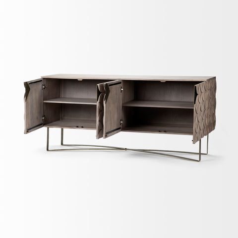 Wooden sideboard with open doors on a white background
