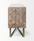 Wooden side table with geometric pattern on a white background