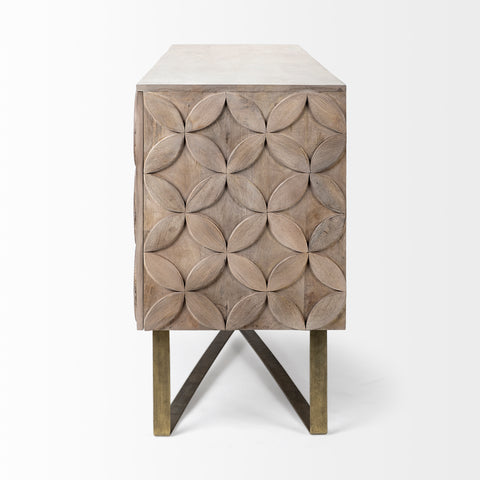 Wooden side table with geometric pattern on a white background