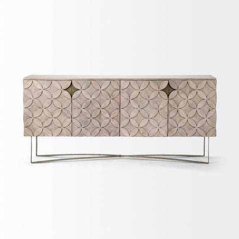 Decorative console table with circular pattern on a white background