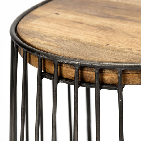 Round wooden table with metal frame on a white background
