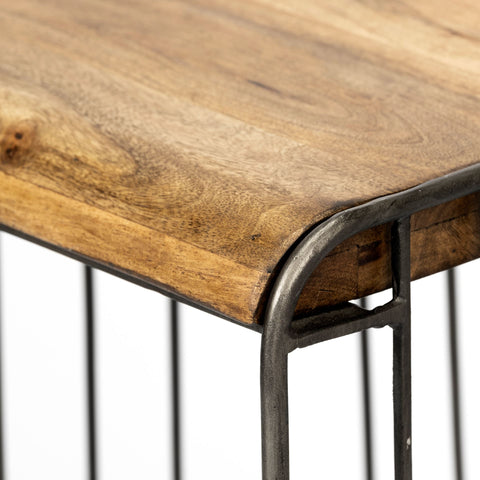 Wooden table with metal legs on a white background