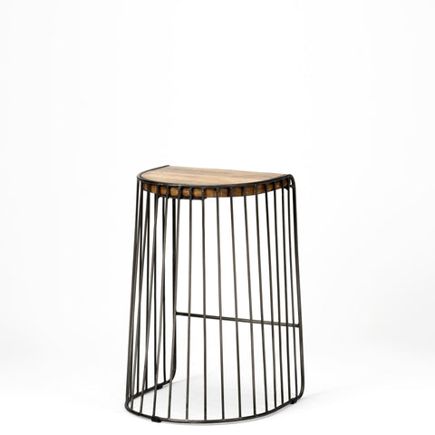 Small round side table with wireframe base and wooden top on a white background