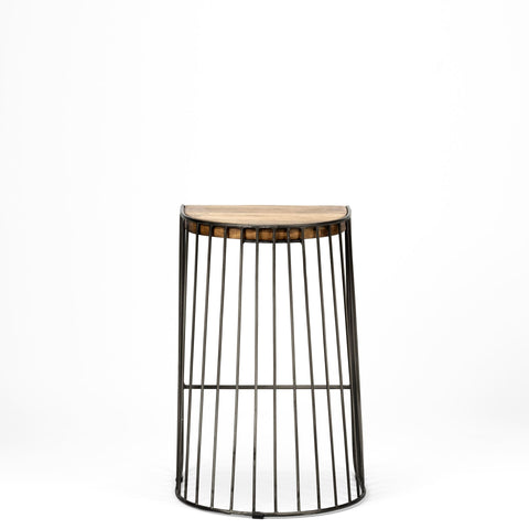 Small round stool with wireframe design and wooden top on a white background