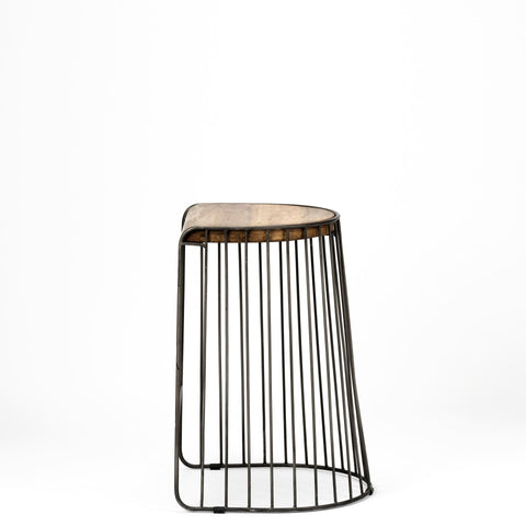 Black wire stool with wooden top on a white background