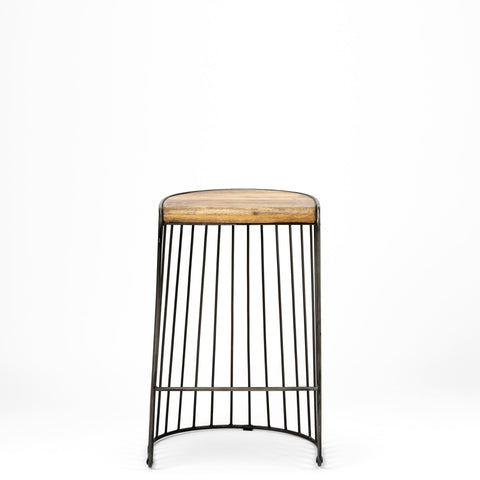 Bar stool with wooden seat and metal frame on a white background