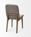 Gray upholstered chair with wooden legs on a white background