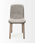 Gray upholstered chair with wooden legs on a white background