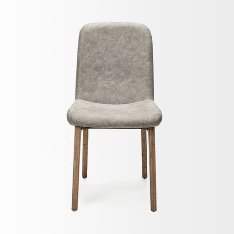 Gray upholstered chair with wooden legs on a white background