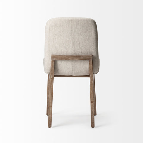 Chair with beige upholstered backrest and wooden frame on a white background