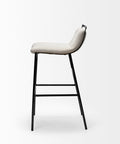 Bar stool with white cushioned seat and black metal frame on a white background