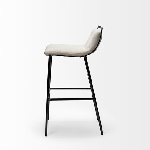 Bar stool with white cushioned seat and black metal frame on a white background