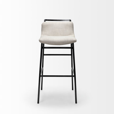 Bar stool with beige seat and black metal legs on a white background
