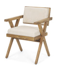 Wooden armchair with beige cushion on a white background