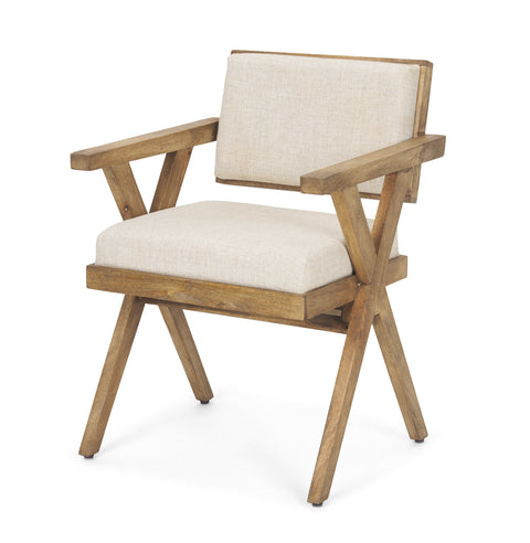 Wooden armchair with beige cushion on a white background