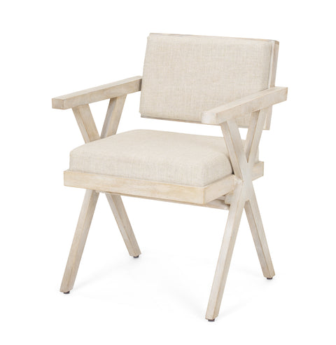 Beige armchair with wooden frame on a white background