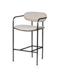 Bar stool with beige cushioned seat and backrest on a white background