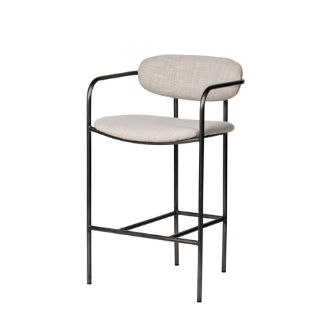Bar stool with beige cushioned seat and backrest on a white background