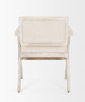 Beige armchair with wooden frame on a white background