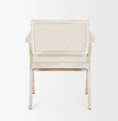 Beige armchair with wooden frame on a white background