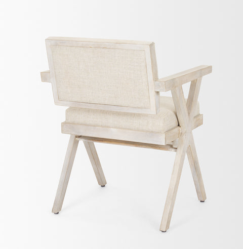Beige armchair with wooden frame on a white background