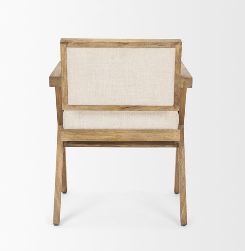 Wooden chair with beige cushion on a white background