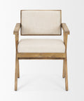 Wooden chair with beige cushion on a white background
