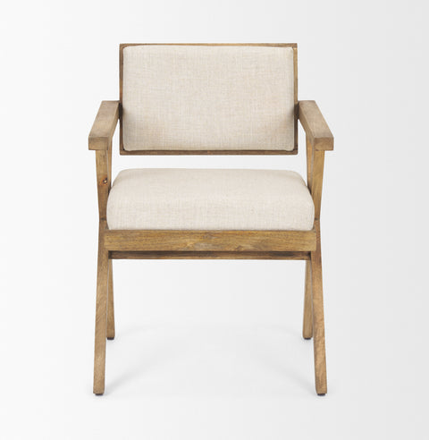 Wooden chair with beige cushion on a white background