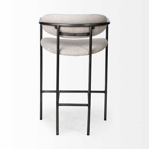 Two bar stools with beige cushioned seats and black metal frames on a white background