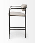 Bar stool with black metal frame and light gray cushioned seat on a white background
