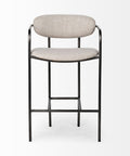 Bar stool with beige cushioned seat and backrest on a white background
