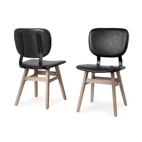 Two black chairs with wooden legs on a white background