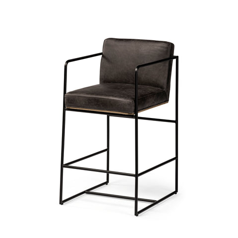 Black bar chair with leather seat on a white background