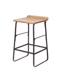 Bar stool with wooden seat and black metal frame on a white background